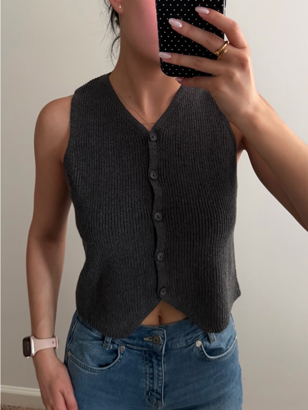 Charcoal Ribbed Button-Front Knit Vest